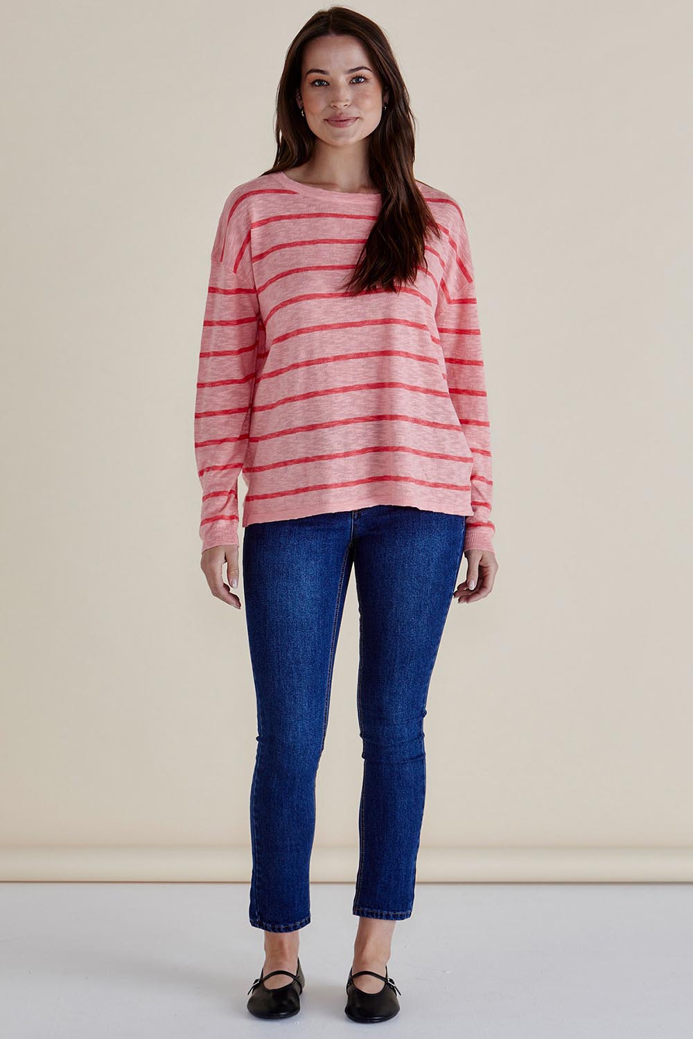 A model wearing the Natasha Cotton Blend Knit Top in colour Pinkstripe (Pink), from the front, showing the whole outfit