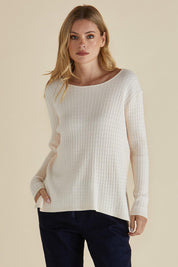 A model wearing the Cable Mini Jumper in colour Oat, from the front, cropped image