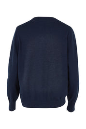 Product shot of the Leon Cotton Blend Knit Cardigan in colour Navy (Blue), from the back