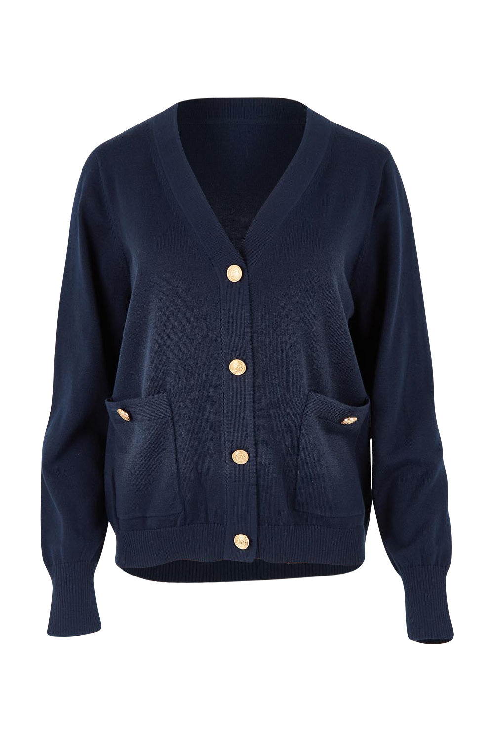 Product shot of the Leon Cotton Blend Knit Cardigan in colour Navy (Blue), from the front