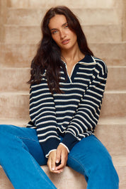 A model wearing the Aberdeen Polo Knit Sweat in colour Navystripe (Blue), from the front, showing the whole outfit