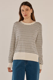 A model wearing the Louis Sweater in colour Creamblk (White), from the front, cropped image