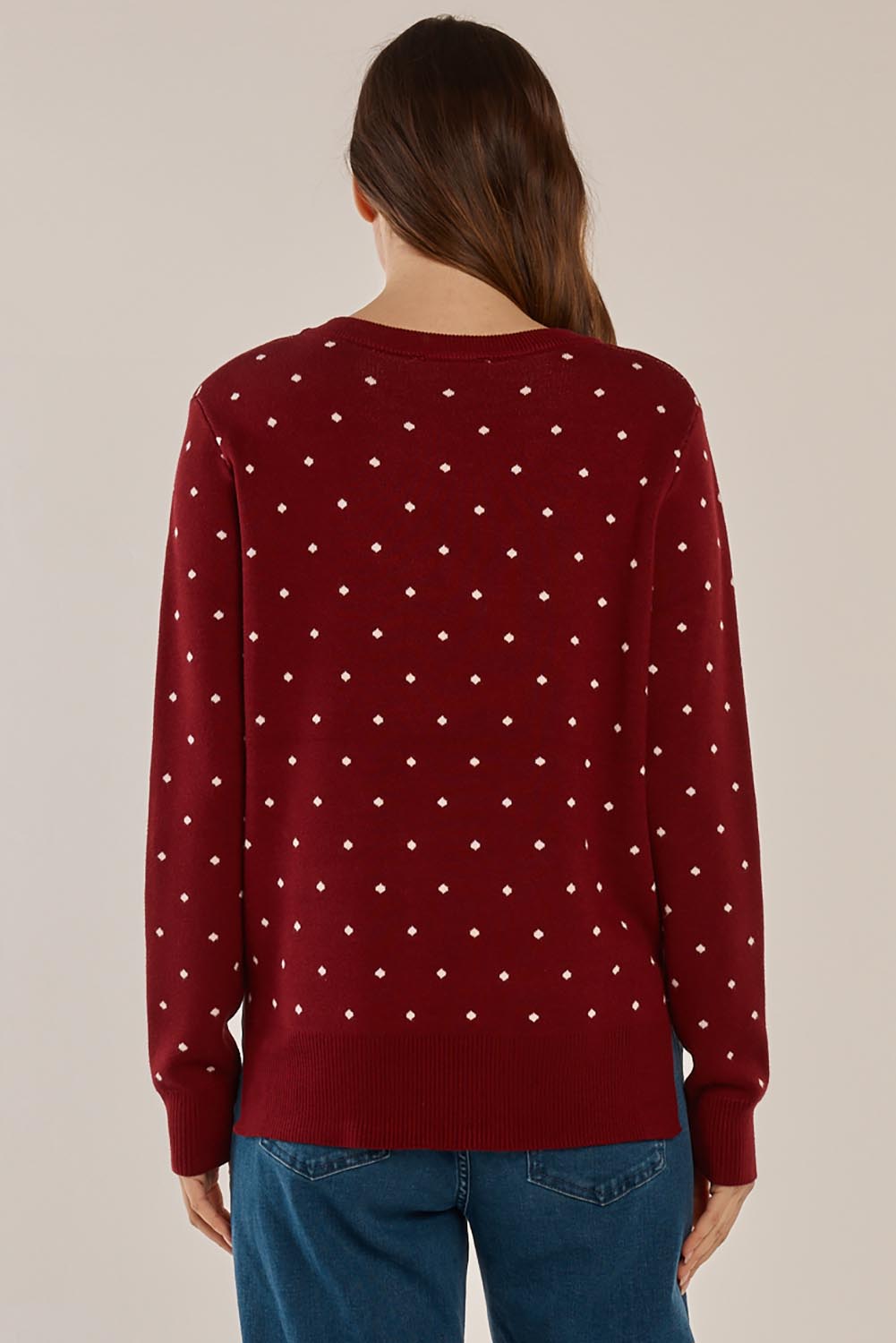 A model wearing the Louis Sweater in colour Burgandy (Red), from the back