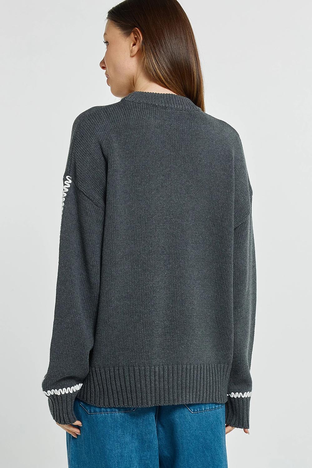 Contrast Stitch Cotton Jumper – Charcoal