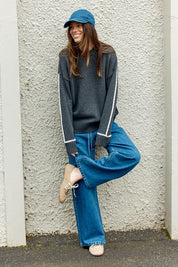 Contrast Stitch Cotton Jumper – Charcoal