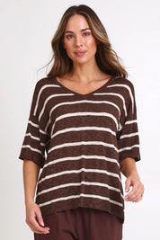 Model Madelinec wearing size 10 of the Aries V-Neck Sweater Tee – Chocolate in colour Chocolate, in a cropped view