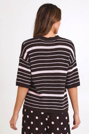 Model Madelinec wearing size 10 of the Dylan Knit Tee – Chocolate in colour Chocolate, from the back