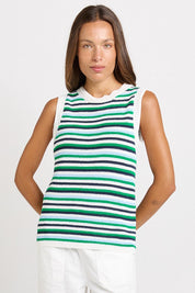 Model Genericm wearing size sample of the Roni Tank – Bluegreen in colour Bluegreen, in a cropped view