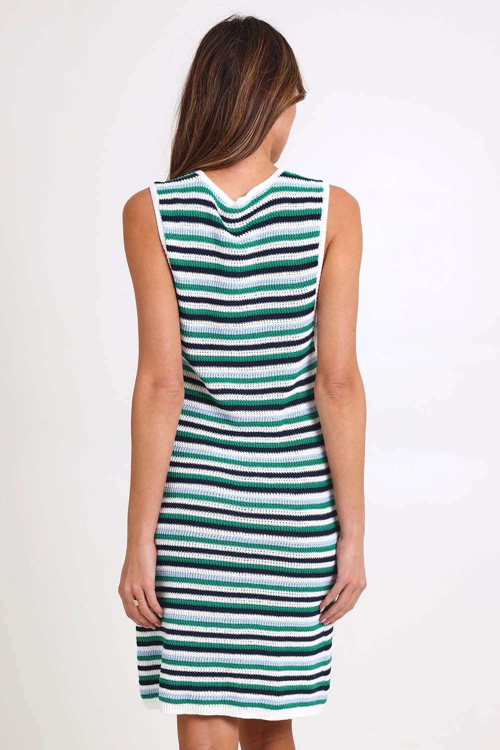 Model Madelinec wearing size 10 of the Mandy Tank Dress – Bluegreen in colour Bluegreen, from the back
