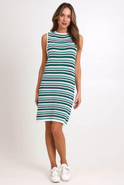 Model Madelinec wearing size 10 of the Mandy Tank Dress – Bluegreen in colour Bluegreen, from the front