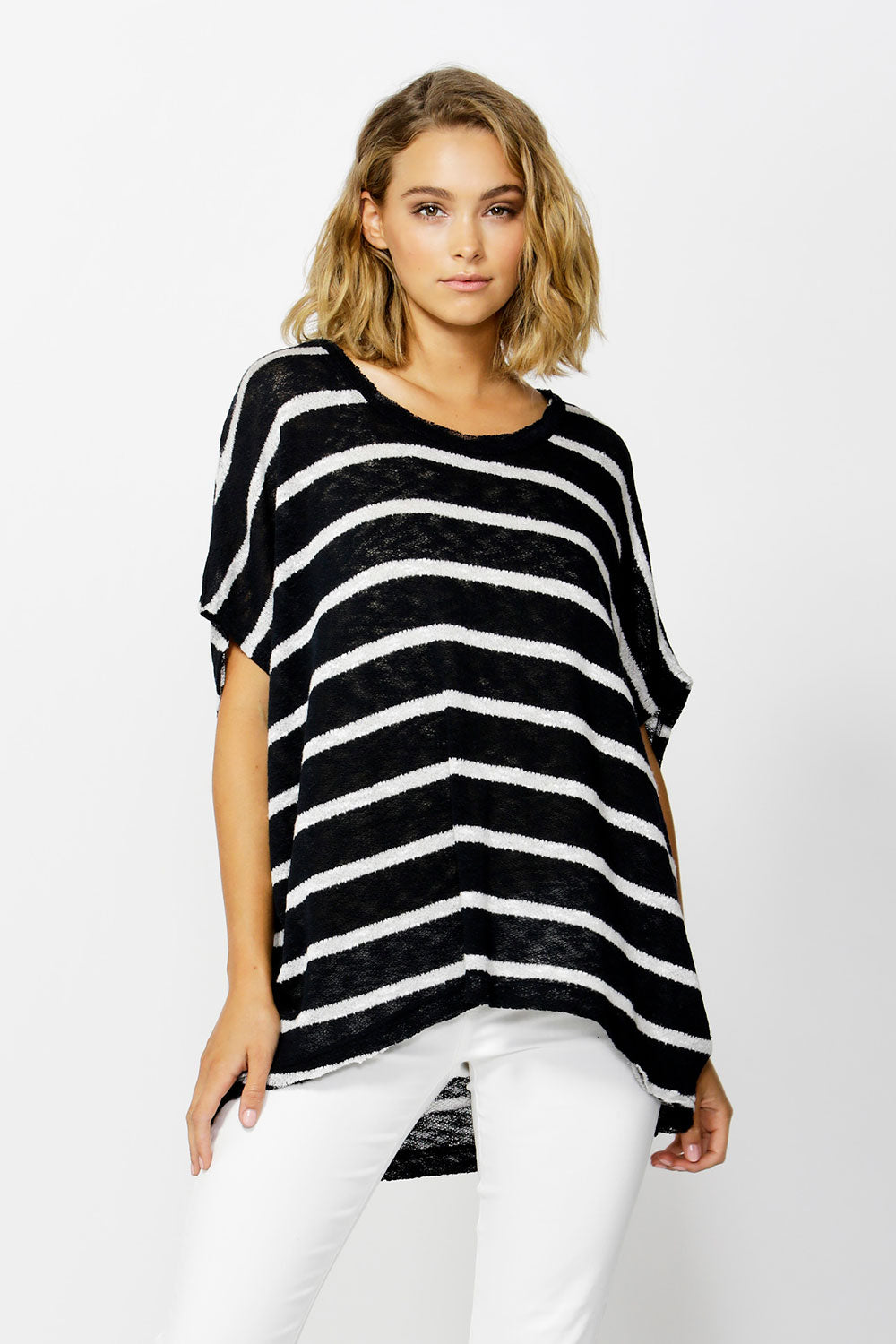 A model wearing the Grace Oversized Knit in colour InkWhite (Blue), from the front, cropped image