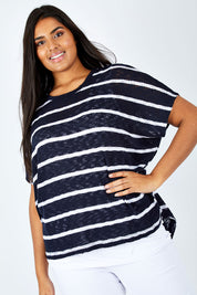 Model Shanaya wearing size L of the Grace Oversized Knit in colour InkWhite (Blue), from the front, cropped image