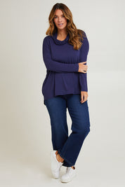 Model Laura wearing size 14 of the Cowl Bamboo Top in colour Navy (Blue), from the front, showing the whole outfit