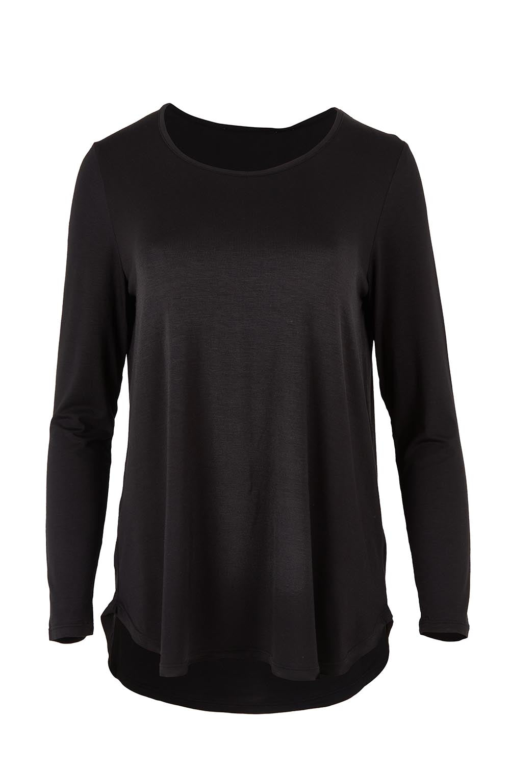 Product shot of the Yasmin Bamboo Long Sleeve Top in colour Black (Black), from the front