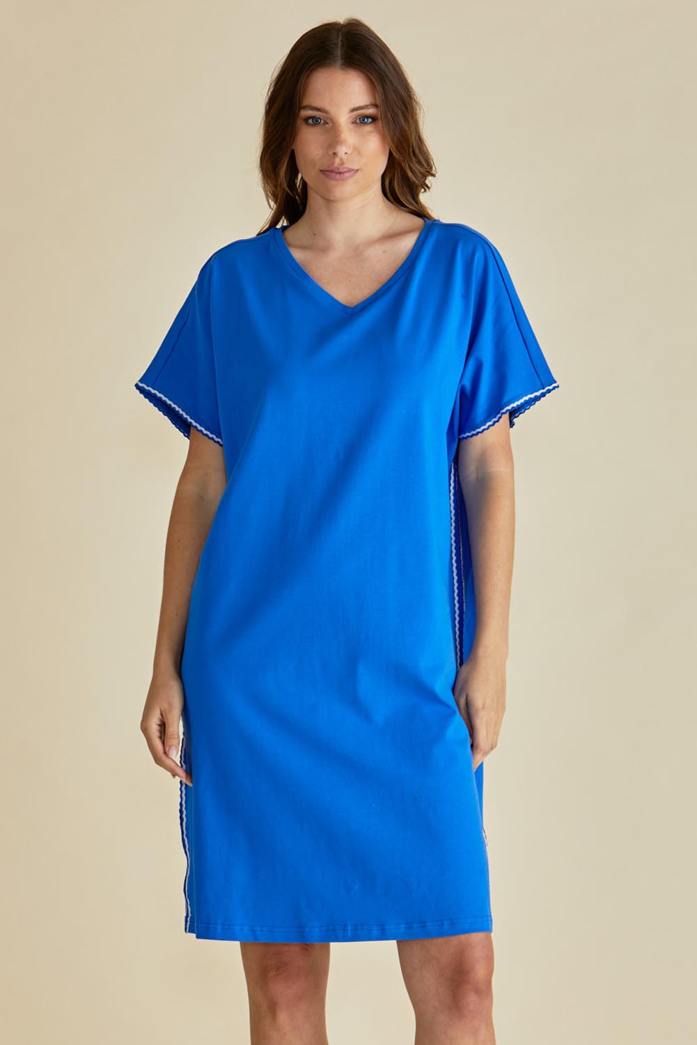 A model wearing the Stellar Cotton Tin colourShirt Dress - Royalblue (Blue), from the front, cropped image