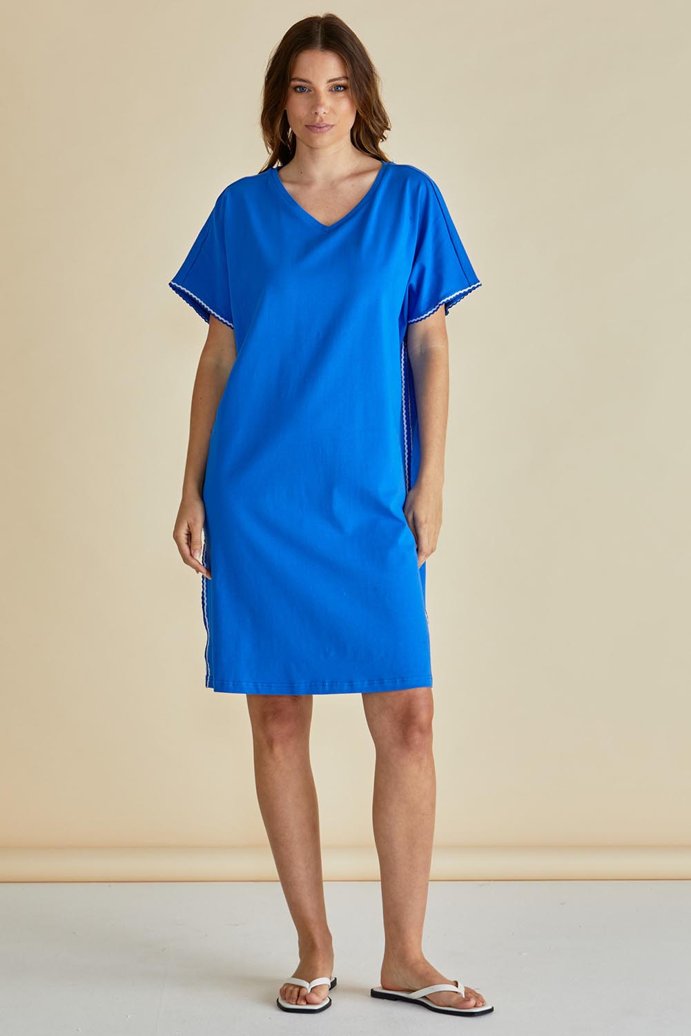 A model wearing the Stellar Cotton Tin colourShirt Dress - Royalblue (Blue), from the front, showing the whole outfit