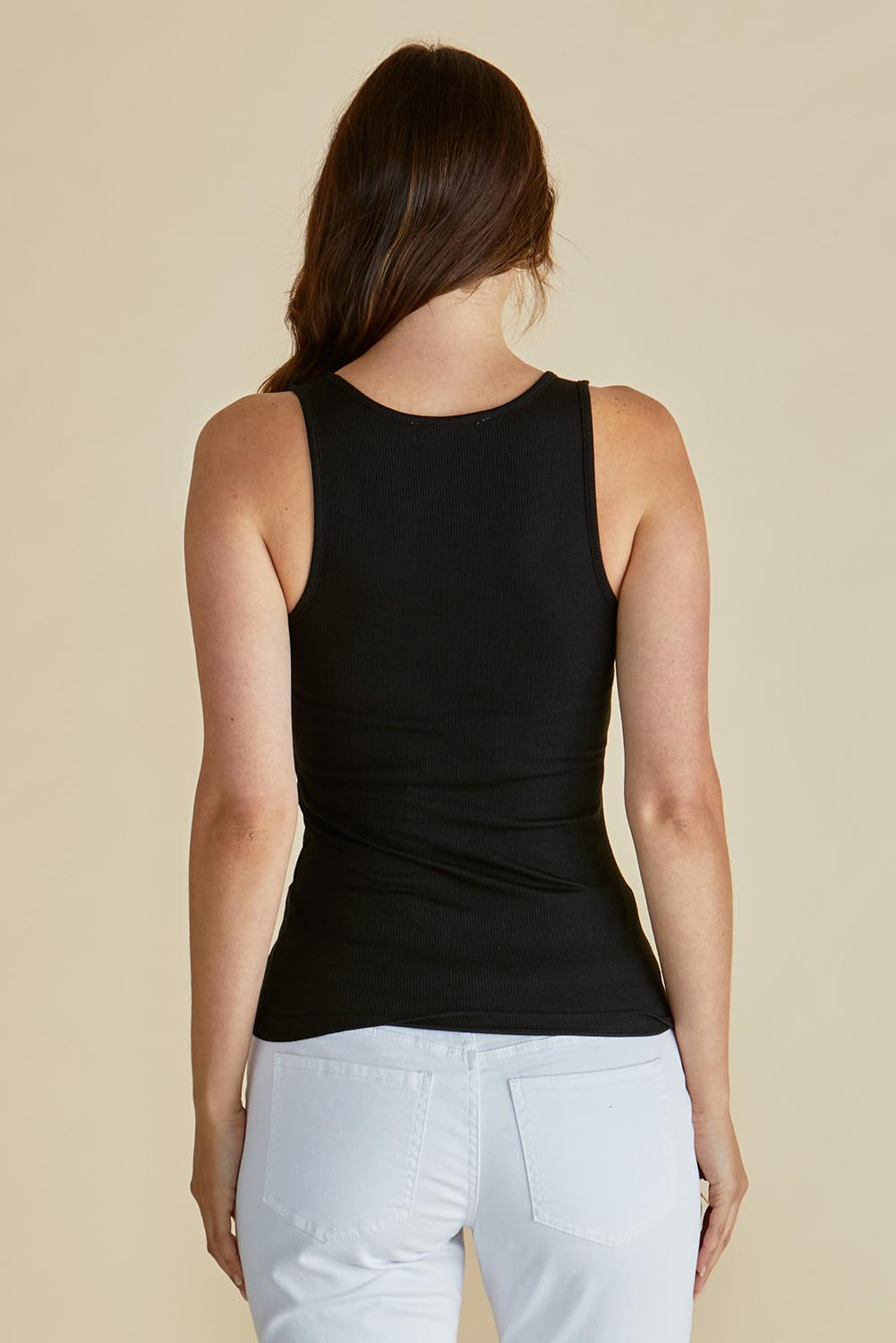 A model wearing the Tiana Cotton Blend Tank in colour Black (Black), from the back