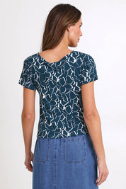 Model Madelinec wearing size 10 of the Victoria Viscose Tee – Teal in colour Teal, from the back