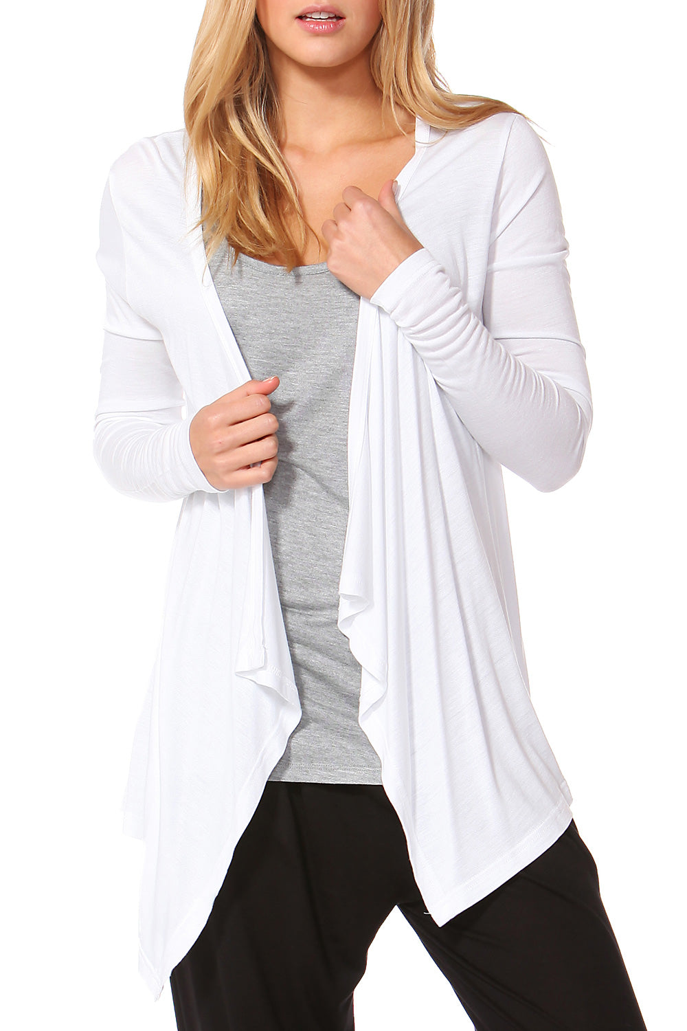 A model wearing the Melbourne Stretch Cardigan in colour White (White), from the front, cropped image