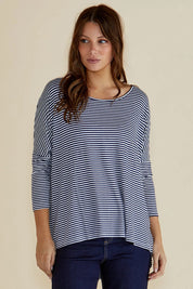 A model wearing the Milan Stretch Top in colour NavyWhtStr (Blue), from the front, cropped image