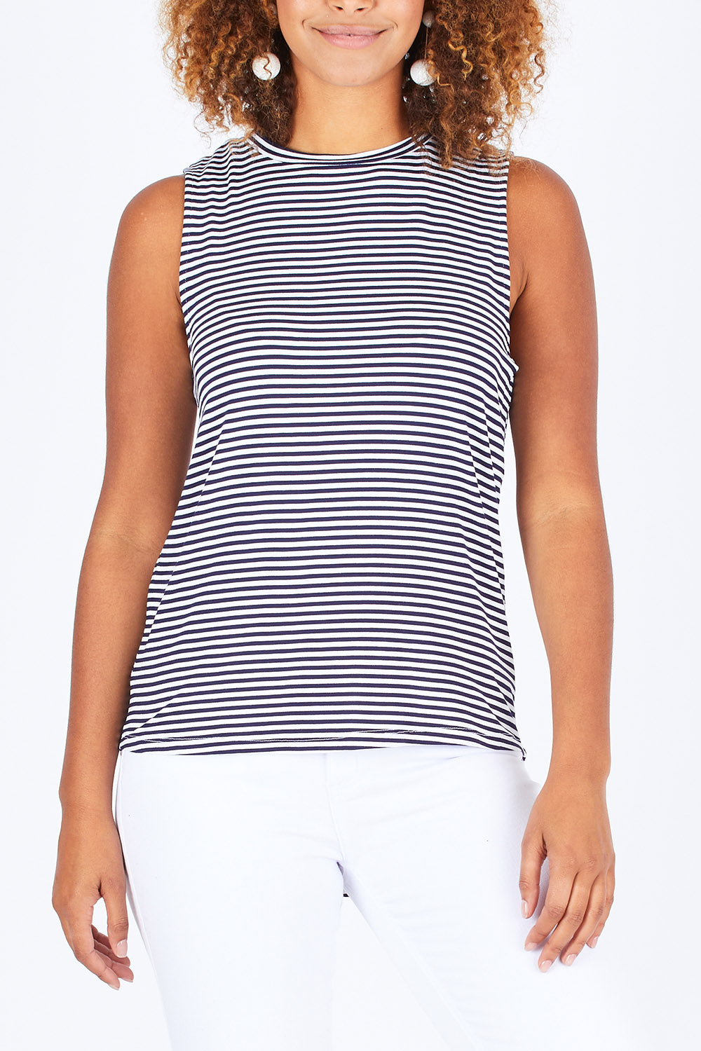 Model Summer wearing size 10 of the Capri Tank in colour NavyStripe (Blue), from the front, cropped image