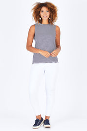 Model Summer wearing size 10 of the Capri Tank in colour NavyStripe (Blue), from the front, showing the whole outfit