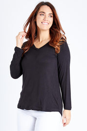 Model Laura wearing size 12 of the York Top in colour Black (Black), from the front, cropped image