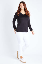 Model Laura wearing size 12 of the York Top in colour Black (Black), from the front, showing the whole outfit
