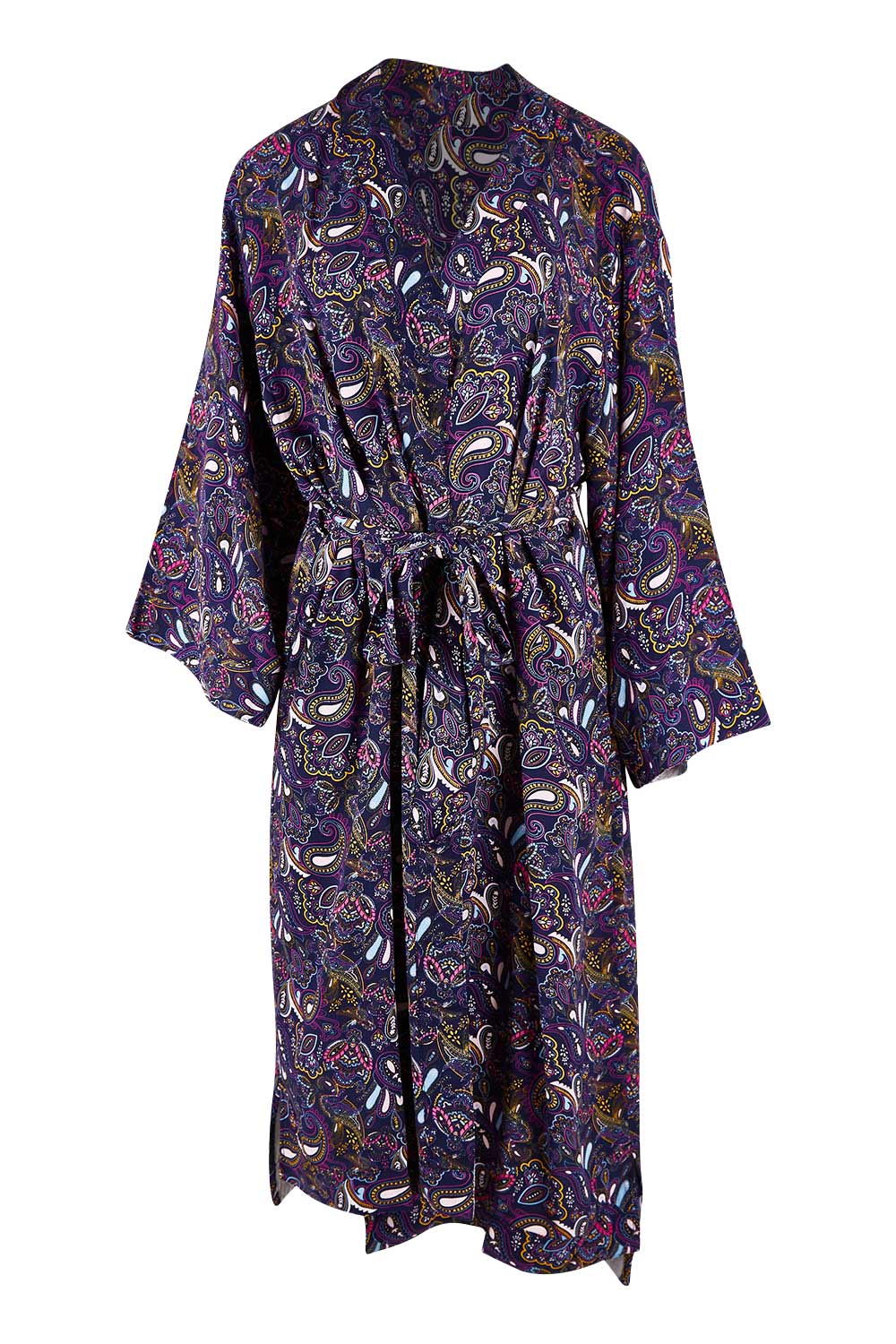 Product shot of the Roya Robe in colour Paisley (Blue), from the front