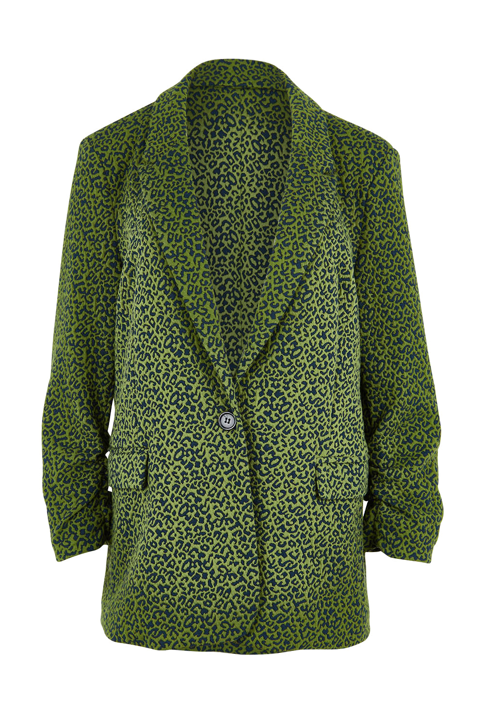 Product shot of the Leopard Jacquard Blazer in colour Leopard (Green), from the front