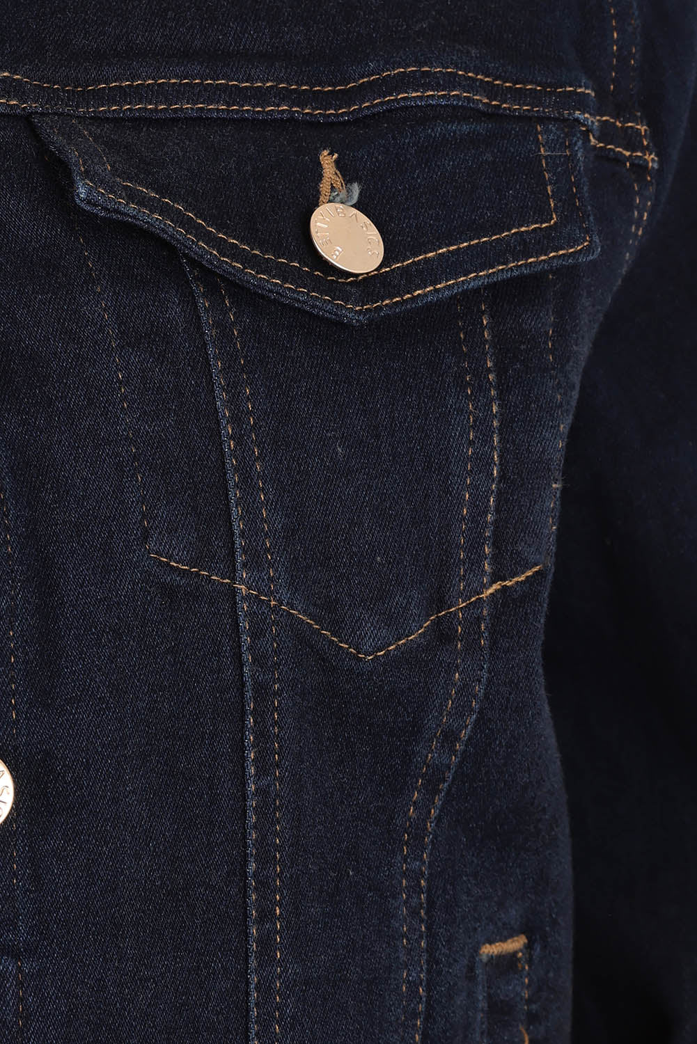 Product shot of the Cindy Collarless Denim Jacket in colour Ink (Blue), detail