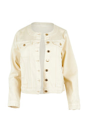 Product shot of the Cindy Collarless Denim Jacket in colour Offwhite (White), from the front