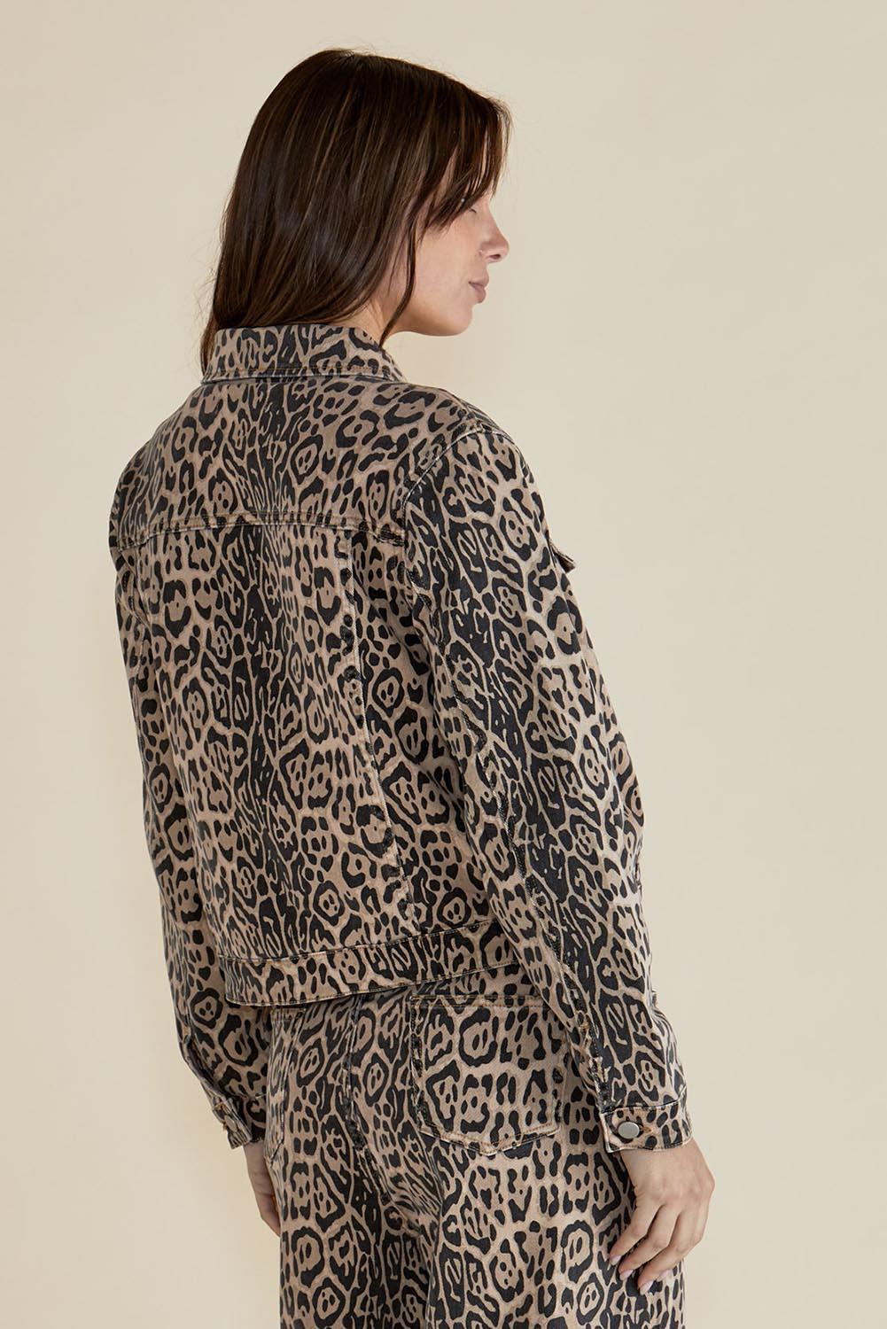 A model wearing the Lucca Leopard Print Jacket in colour Leopard, from the back
