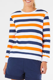A model wearing the Ryder Sweat in colour Stripe (Blue), from the front, cropped image