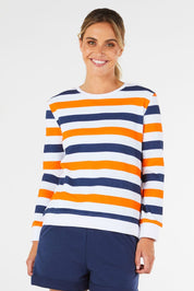 A model wearing the Ryder Sweat in colour Stripe (Blue), from the front, cropped image