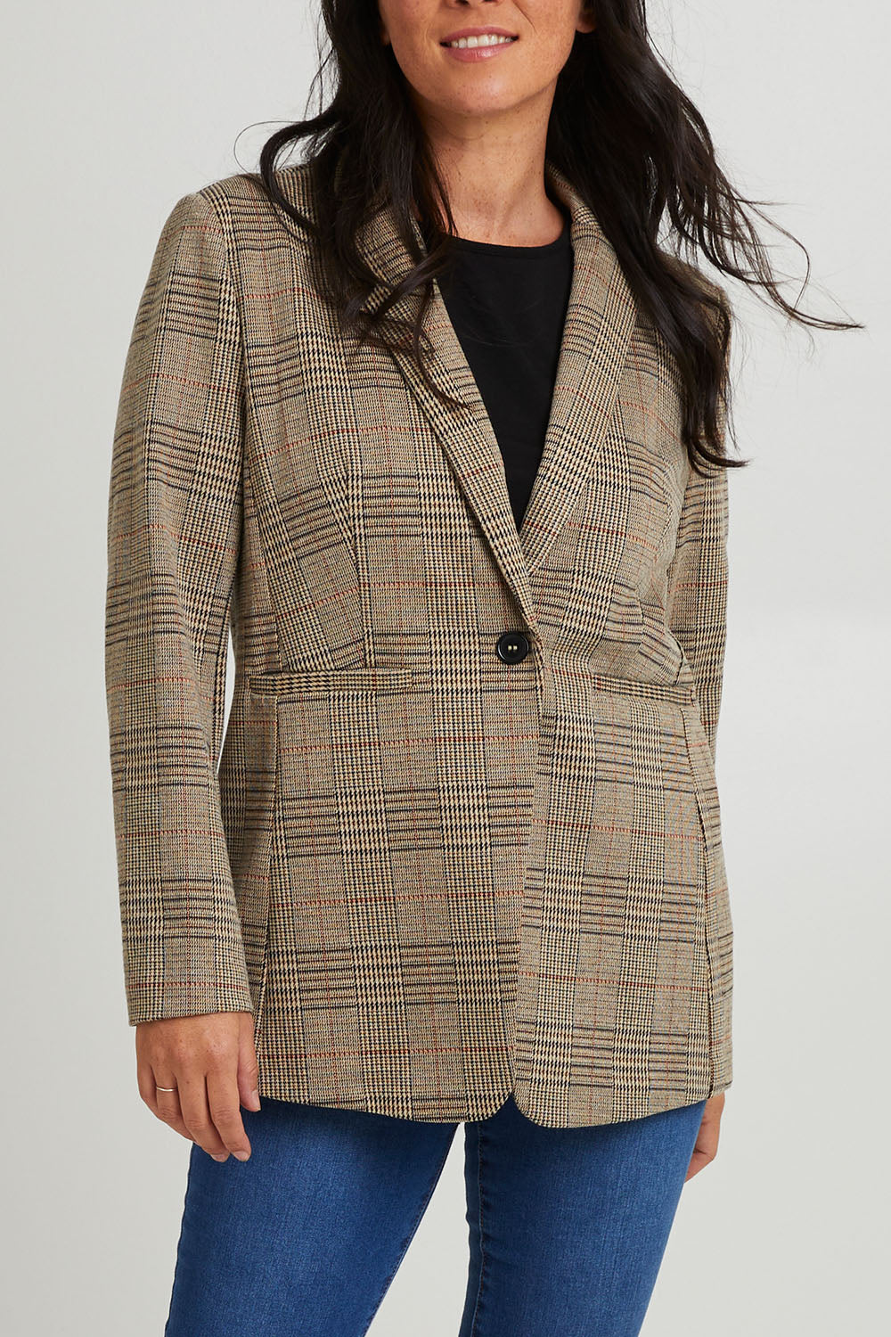 Model Katie wearing size 10 of the Portsea Blazer in colour Mochaplaid, from the front, cropped image