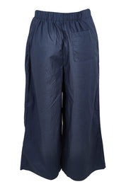 Product shot of the Lulu Cotton Pant in colour Navy (Blue), from the back