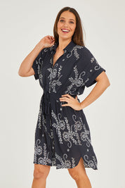 Preloved Embroidery Shirt Dress - Navy