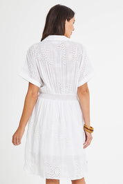 Model Madeline wearing size 10 of the Embroidery Shirt Dress in colour White (White), from the back