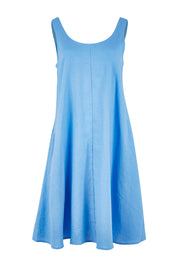 Product shot of the Sicily Linen Dress in colour Cornflower (Blue), from the front