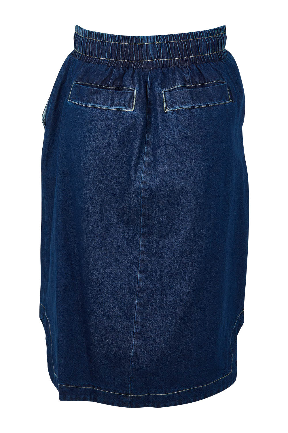Product shot of the Desiree Cotton Denim Skirt in colour Bluewash (Blue), from the back