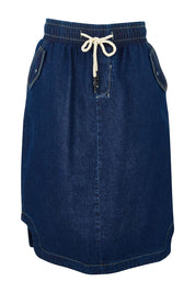 Product shot of the Desiree Cotton Denim Skirt in colour Bluewash (Blue), from the front