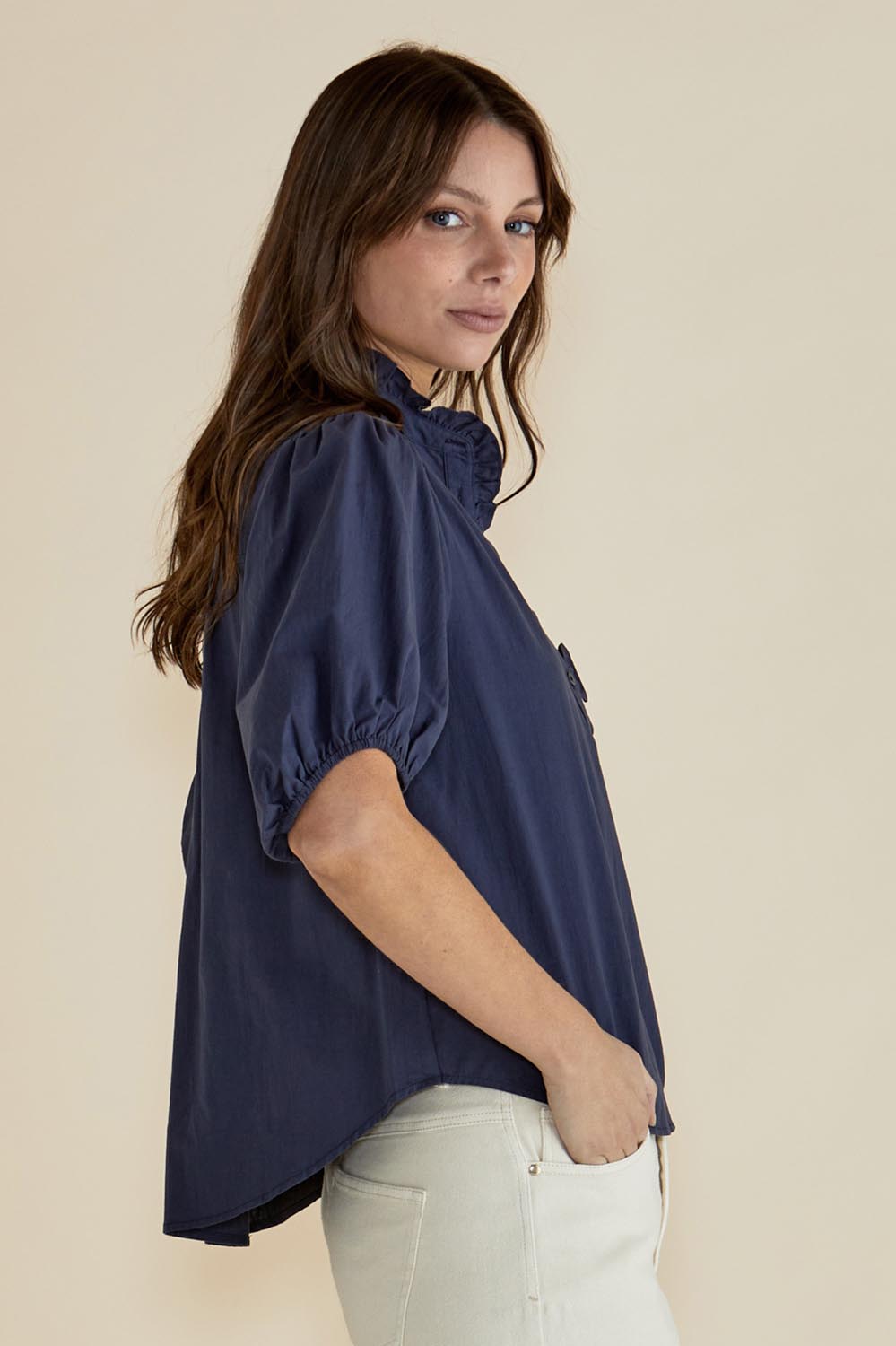 A model wearing the Avery Cotton Blouse in colour Frechblue (Blue), from the front, cropped image