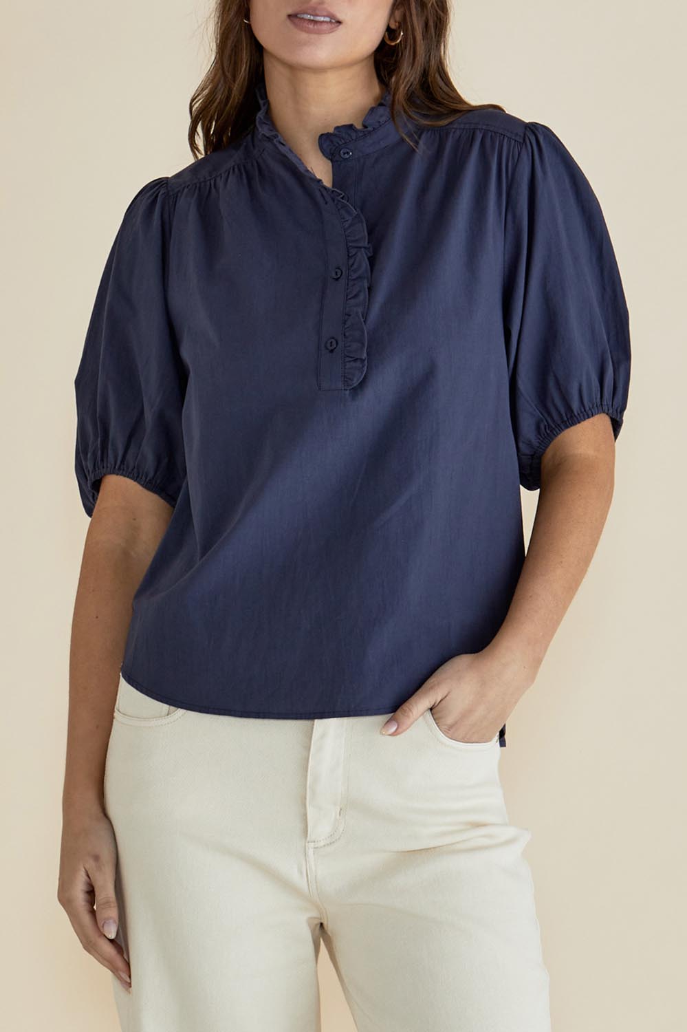 A model wearing the Avery Cotton Blouse in colour Frechblue (Blue), from the front, cropped image