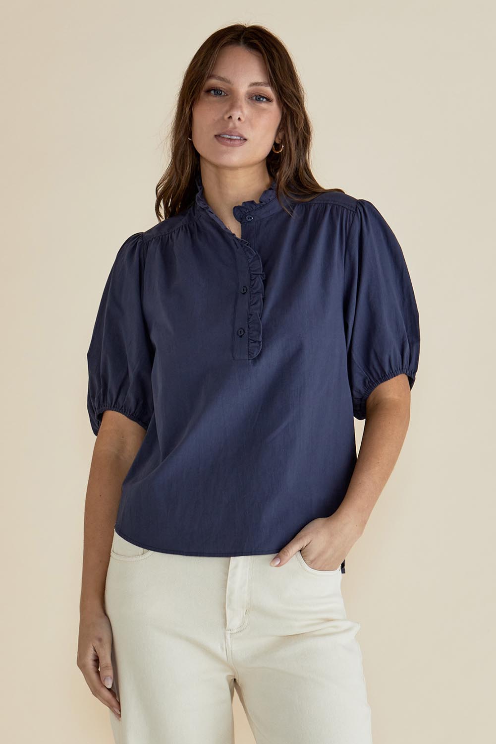 A model wearing the Avery Cotton Blouse in colour Frechblue (Blue), from the front, cropped image