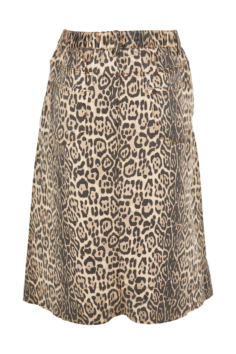 Product shot of the Astra Denim Skirt in colour Leopard, from the back