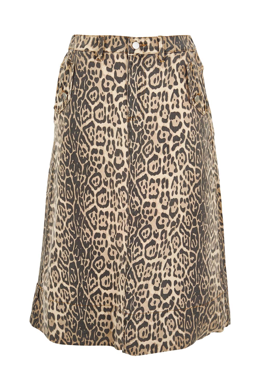 Product shot of the Astra Denim Skirt in colour Leopard, from the front