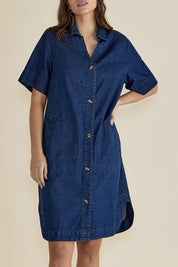 A model wearing the Dawson Denim Dress in colour Vintage (Blue), from the front, cropped image