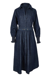 Product shot of the Denmark Denim Dress in colour Darkink (Blue), from the front