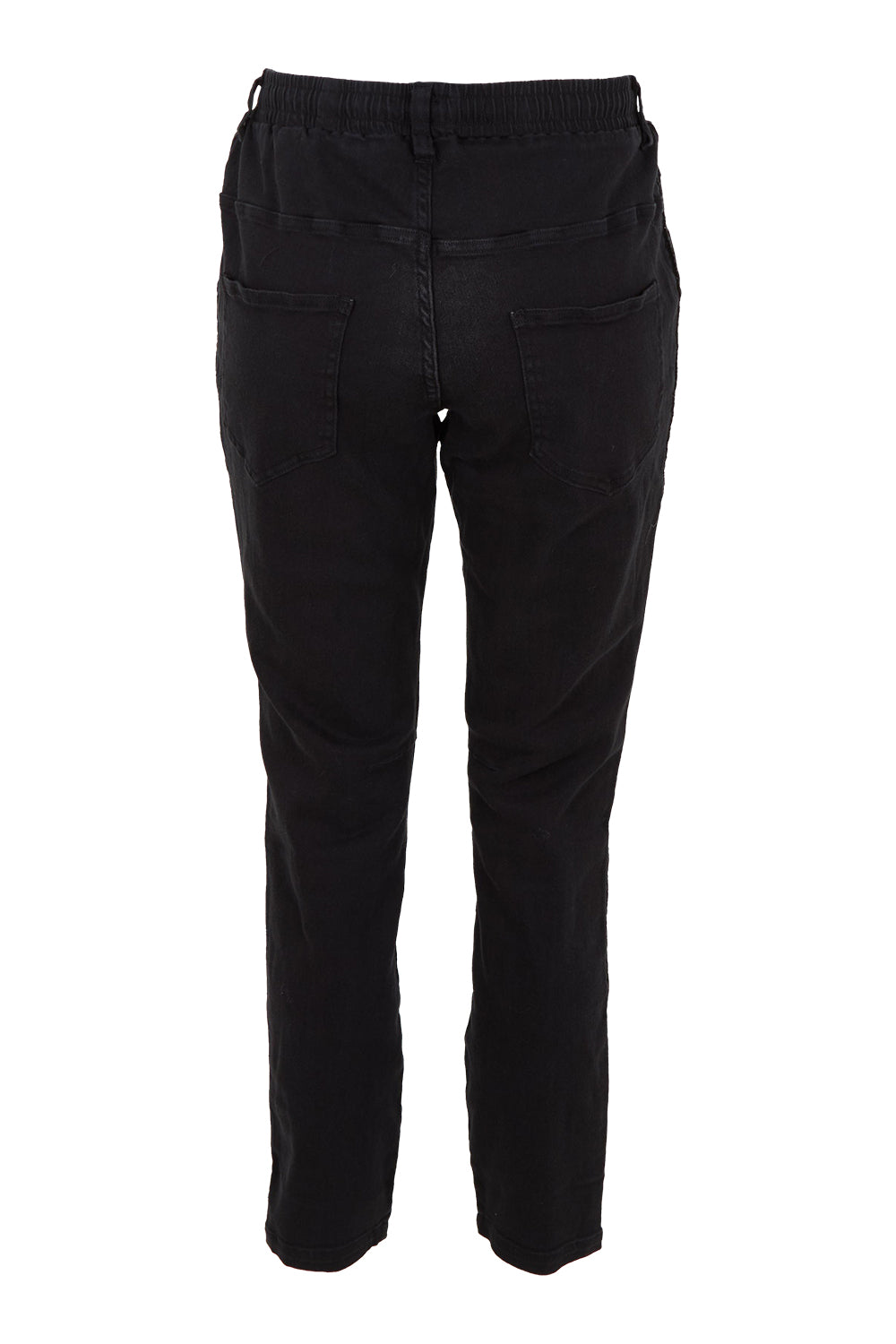 Product shot of the Harlow Denim Jogger in colour Blacklurex (Black), from the back